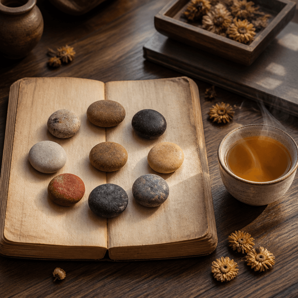 Nine Chinese medicine body type stones on an open book with tea
