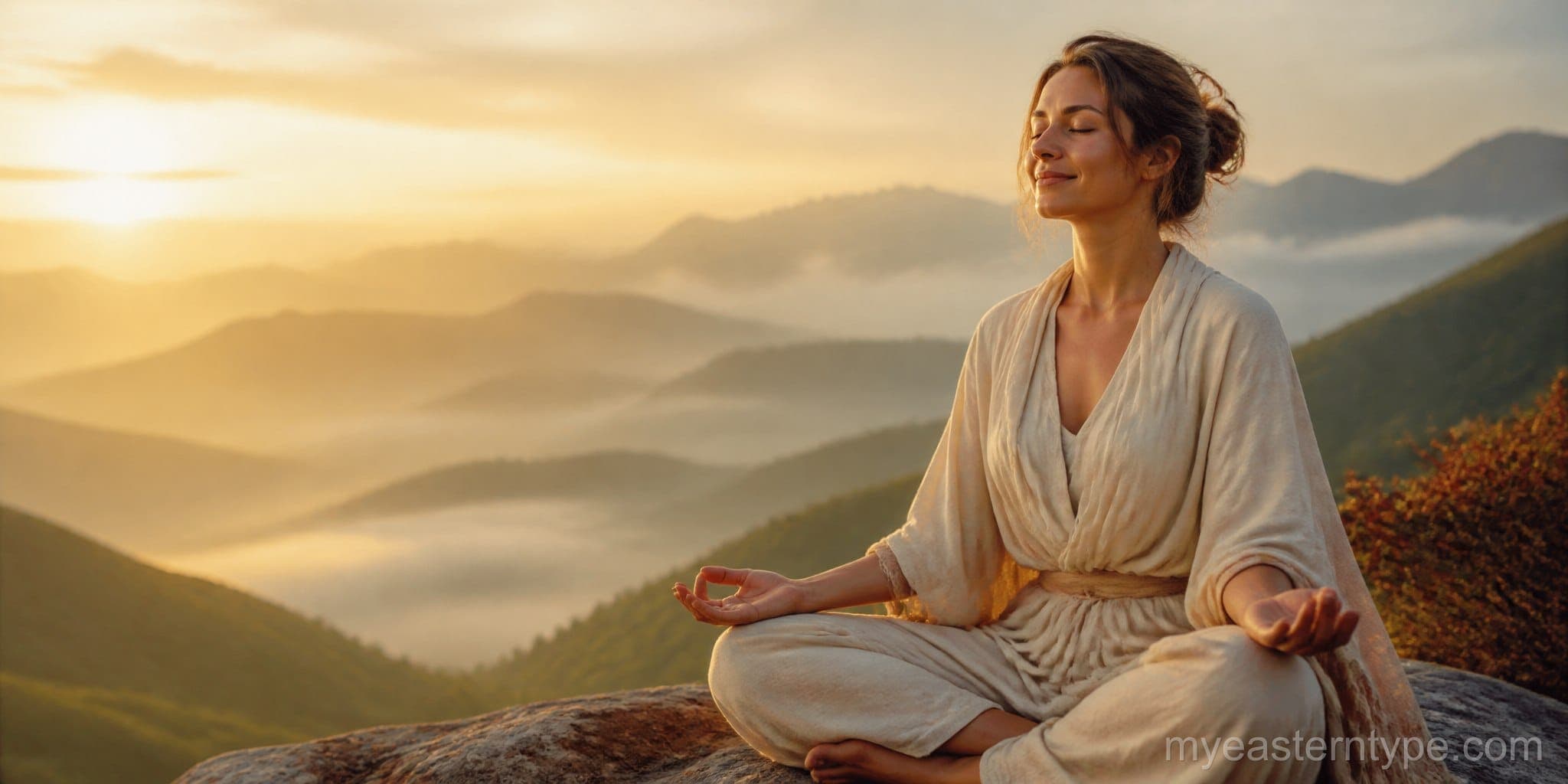 Woman meditating on a mountain at sunrise, embodying TCM wellness
