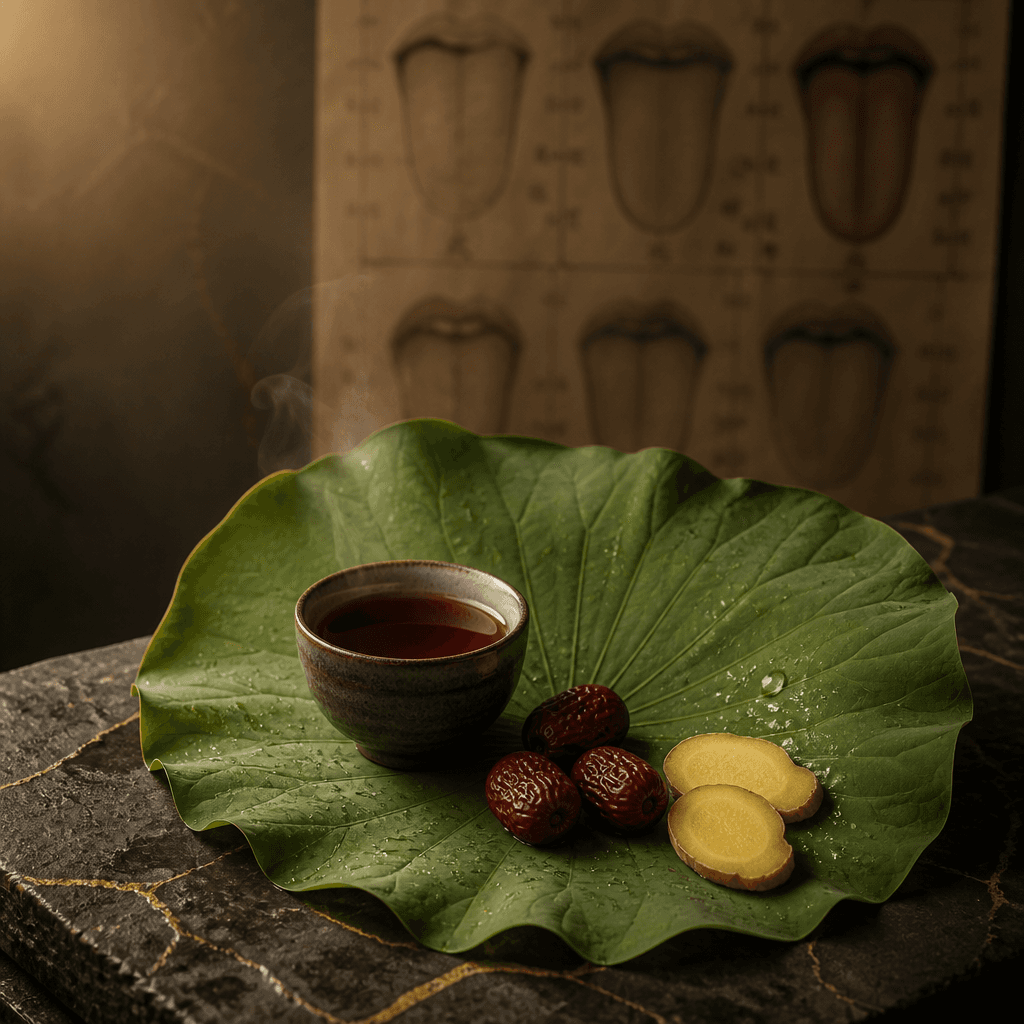 Lotus leaf with herbal tea and Chinese medicine ingredients on slate stone