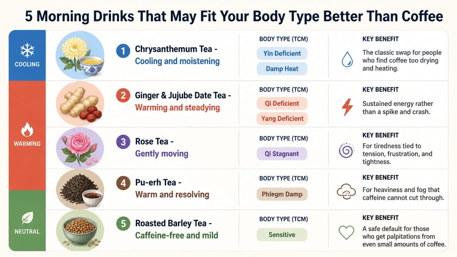 Five coffee alternative drinks matched to body types in an infographic