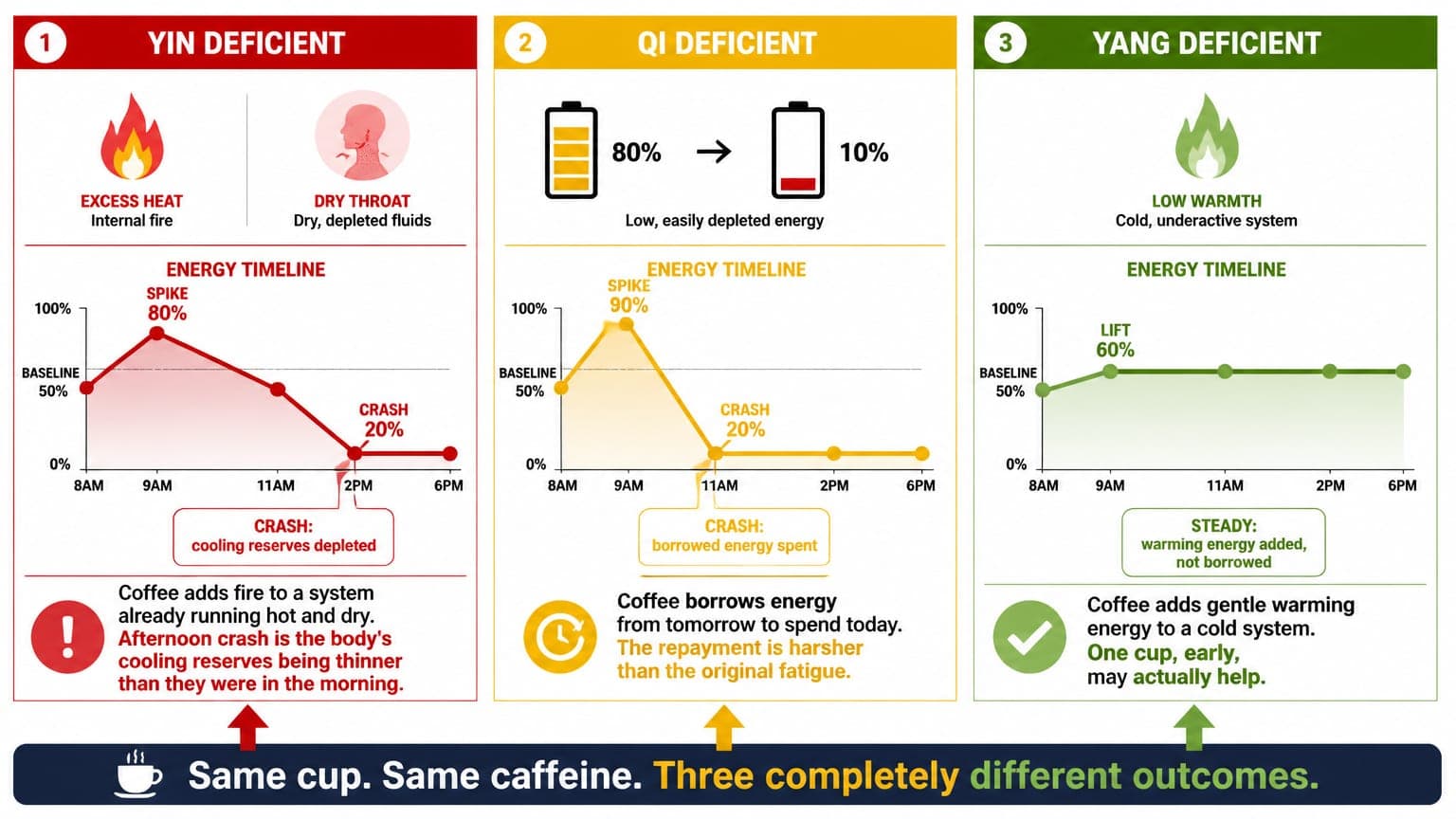 Three body types and their different reactions to coffee explained in an infographic