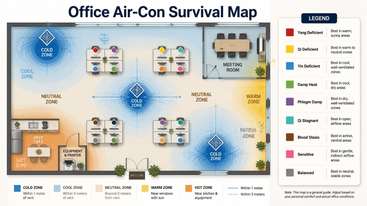 Diagram of an office floor plan showing air flow patterns and the best seats for each body type