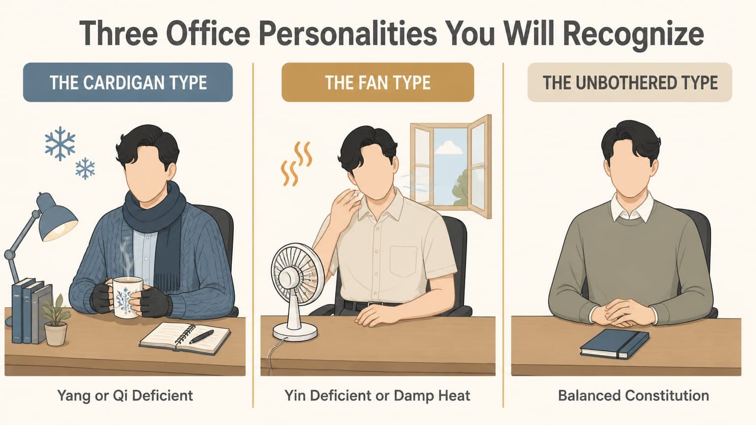 Three office personality types shown side by side with their characteristic desk items