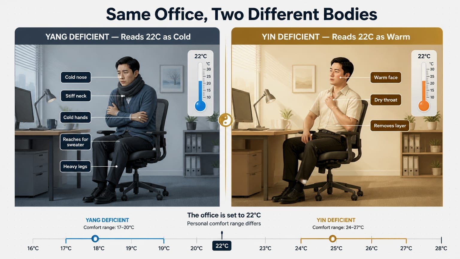 Side-by-side infographic showing how Yang Deficient and Yin Deficient office workers experience the same 22C temperature differently
