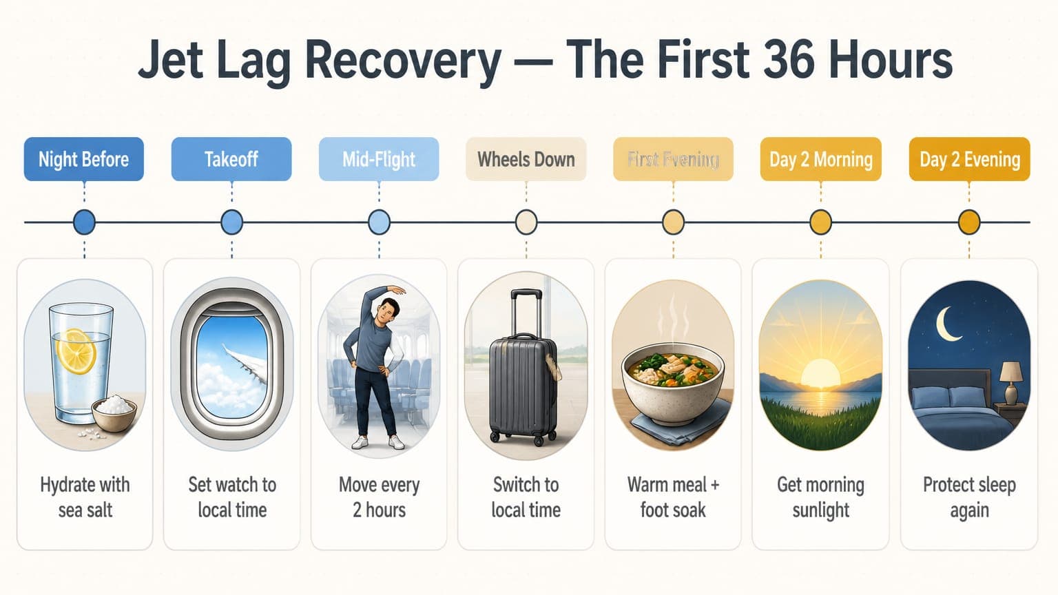 36-hour jet lag recovery timeline infographic