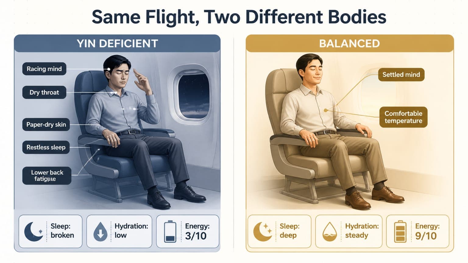 Side-by-side infographic comparing two travelers on the same flight