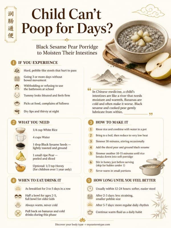 Chinese medicine for child constipation — black sesame pear porridge recipe card